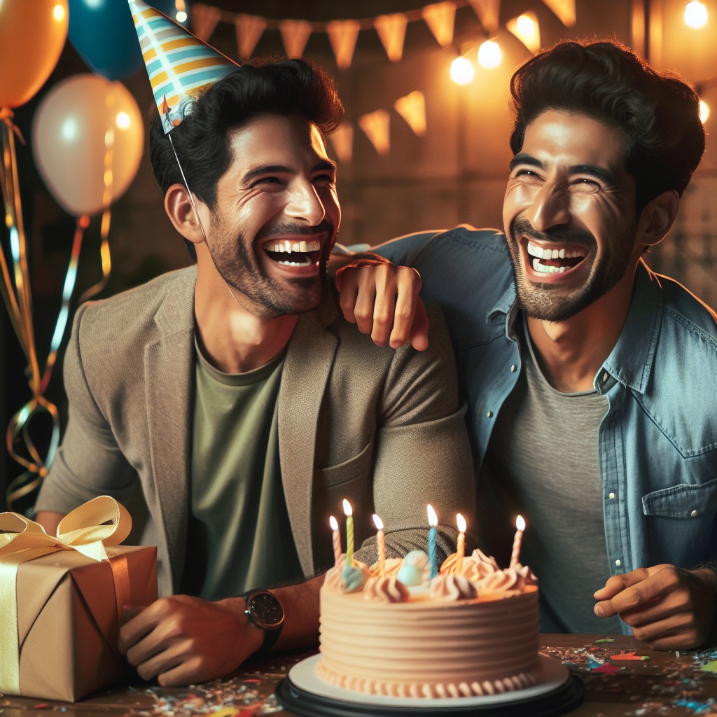 ein Bild von zwei Männer, der eine hat Geburtstag und die beiden lachen über ein lustiges Geschenk