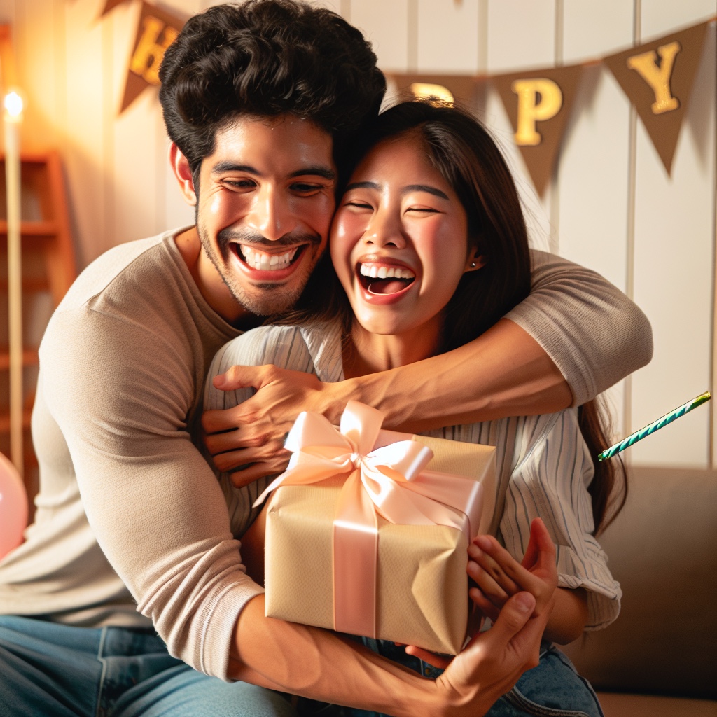 Bild von einer besten Freundin und besten Freund die sich umarmen und die beste Freundin hat ein Geschenk