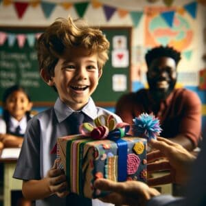 Ein Bild von einem Kind das zur Einschulung ein Geschenk bekommt