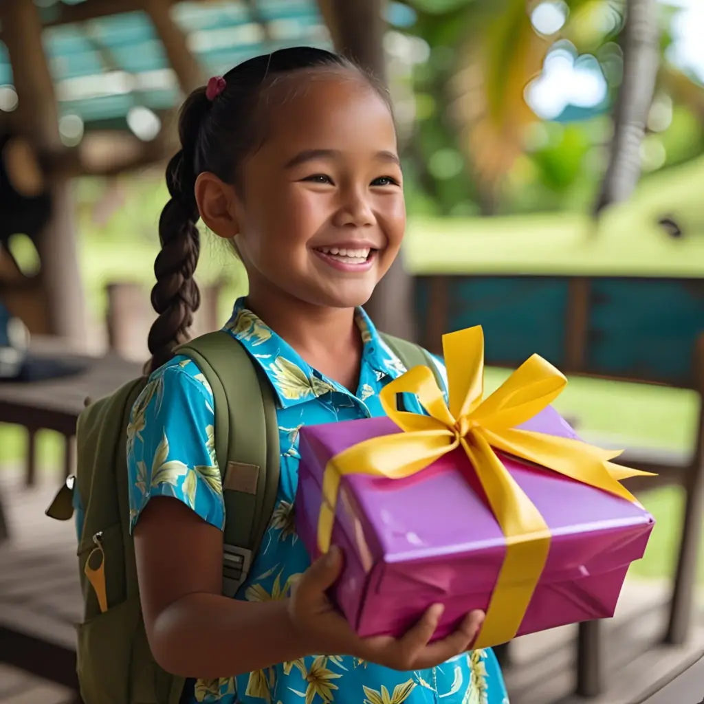 Ein Bild von einem Kind das zur Einschulung ein Geschenk bekommt